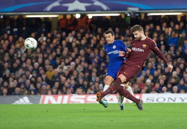 Chelsea v FC Barcelona Barca UEFA Champions League Pedro of Chelsea challenges Gerard Pique of Barcelona during the UEFA Champions League match at Stamford Bridge, London Content Not Available For UK Newspapers Copyright: xAlanxStanfordx FIL-11389-0026