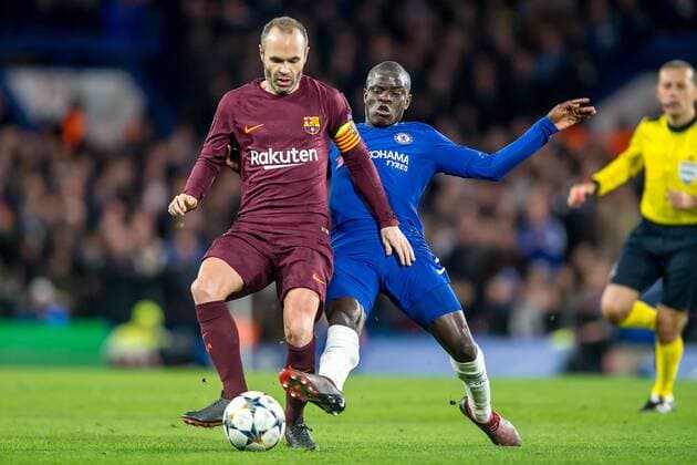 Andres Iniesta of Barcelona and Ngolo Kante of Chelsea during the UEFA Champions League Round of 16 match between Chelsea and Barcelona at Stamford Bridge, London, England on 20 February 2018. Copyright: xSalvioxCalabresex 19030013