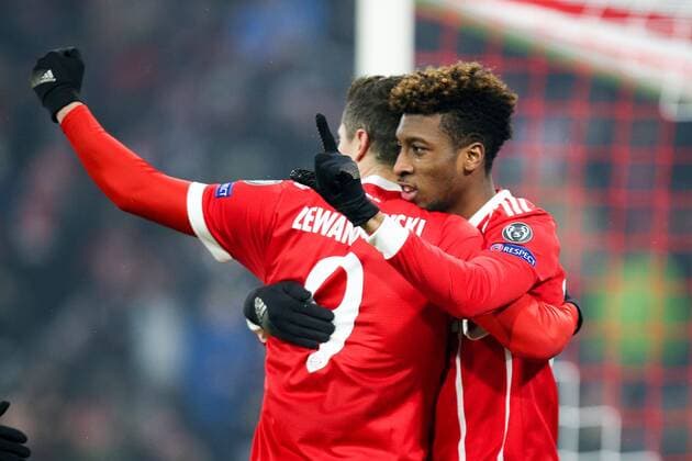 l r goal celebration by Robert Lewandowski 9 FC Bayern Munich and Kingsley Coman 29 Bayern Munich 2 0 Bayern Munich vs Besiktas Istanbul football knockout Champions League 20 02 2018 Munich Bavaria Germany Copyright: xkolbert-press ChristianxKolbertx