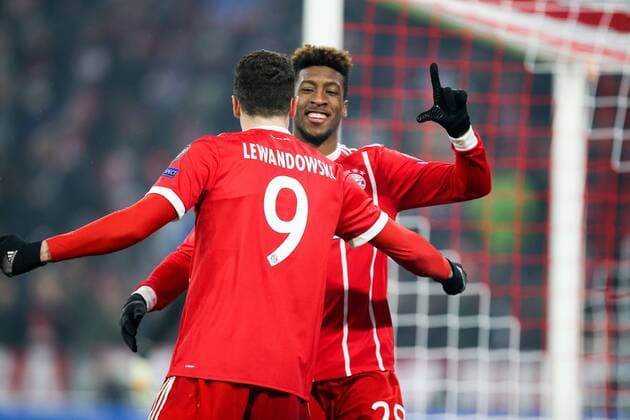 l r goal celebration by Robert Lewandowski 9 FC Bayern Munich and Kingsley Coman 29 Bayern Munich 2 0 Bayern Munich vs Besiktas Istanbul football knockout Champions League 20 02 2018 Munich Bavaria Germany Copyright: xkolbert-press ChristianxKolbertx