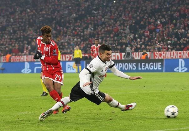 Football Champions League European Cup knockout round first-leg season 2017 2018 20 02 2018 men Germany Bayern Munich v l action goal in the 2 0 scorer Kingsley Coman FC Bayern München Pepe Kepler Laveran Lima Ferreira Besiktas Istanbul