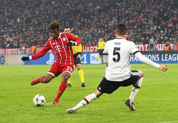 Football Champions League European Cup knockout round first-leg season 2017 2018 20 02 2018 men Germany Bayern Munich v l action goal in the 2 0 scorer Kingsley Coman FC Bayern München Pepe Kepler Laveran Lima Ferreira Besiktas Istanbul