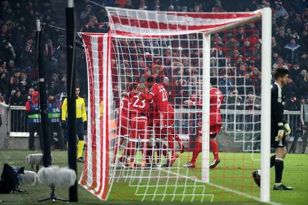 GER UEFA CL Bayern Munich GER vs Besiktas Istanbul TR 20 02 2018 Allianz Arena Munich GER UEFA CL Bayern Munich GER vs Besiktas Istanbul TR pictured Kingsley Coman Munich is pleased with his goal in the 2 0 nordphotoxBratic nph00250