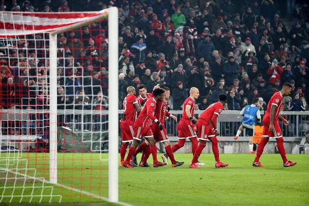GER UEFA CL Bayern Munich GER vs Besiktas Istanbul TR 20 02 2018 Allianz Arena Munich GER UEFA CL Bayern Munich GER vs Besiktas Istanbul TR pictured Kingsley Coman Munich is pleased with his goal in the 2 0 nordphotoxBratic nph00250