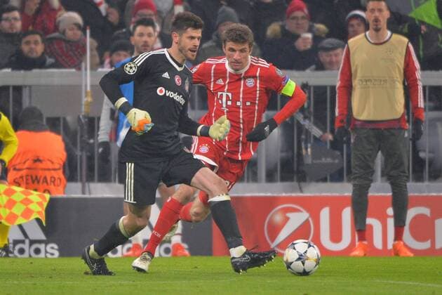 Munich Germany 20 02 2018 UEFA Champions League 2017 18 season round of last sixteen.2 knockout Bayern Munich Besiktas goalkeeper Fabri Besiktas and Thomas Mueller FCB in a duel of DeFodi527