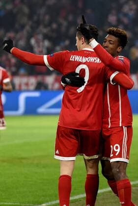 Goal celebration of the Kingsley Coman FC Bayern Munich scorers exultation and joy when Robert Lewandowski FC Bayern Munich Germany Munich sports football UEFA Champions League last final FC Bayern München vs Besiktas Istanbul on 20 02 2018 Alliance arena