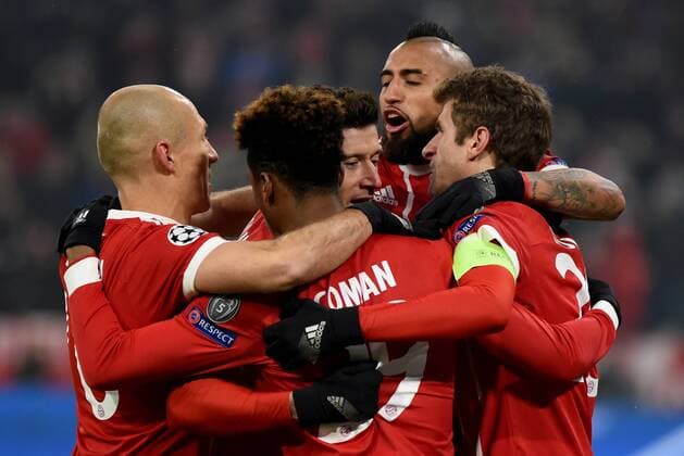 Munich goal celebration Arjen Robben FC Bayern Munich goalscorer Kingsley Coman FC Bayern München Robert Lewandowski FC Bayern Munich FC Bayern Munich FC Bayern Munich Germany Munich Arturo Vidal Thomas Müller sports football UEFA Champions League last finals FC Bayern Munich vs Besiktas Istanbul on 20 02 2018 Allianz Arena
