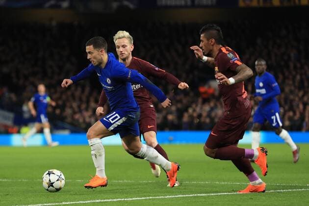 20th February 2018, Stamford Bridge, London, England; UEFA Champions League football, round of 16, 1st leg, Chelsea versus FC Barcelona Barca Eden Hazard of Chelsea takes on Ivan Rakiti& x107; and Paulinho  ActionPlus11990624