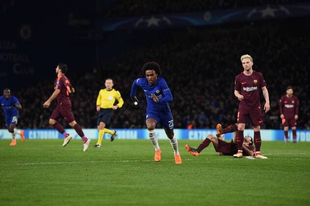 Chelsea v FC Barcelona Barca UEFA Champions League Willian of Chelsea celebrates after scoring during the UEFA Champions League match at Stamford Bridge, London Content Not Available For UK Newspapers Copyright: xSimonxDaelx FIL-11388-0029