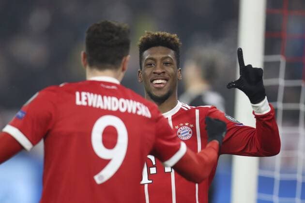 20 02 2018 football UEFA Champions League 2017 2018 final Bayern Munich Besiktas Istanbul in the Allianz Arena Munich goal celebration Kingsley Coman re Bayern Munich FC Bayern Munich s Robert Lewandowski