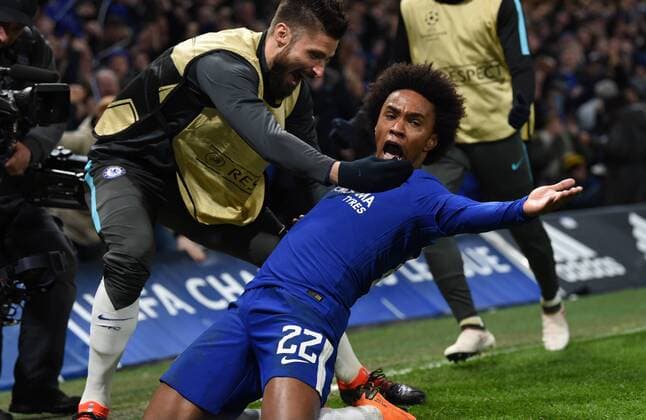 Chelsea v FC Barcelona Barca UEFA Champions League Willian of Chelsea celebrates after scoring during the UEFA Champions League match at Stamford Bridge, London Content Not Available For UK Newspapers Copyright: xSimonxDaelx FIL-11388-0031