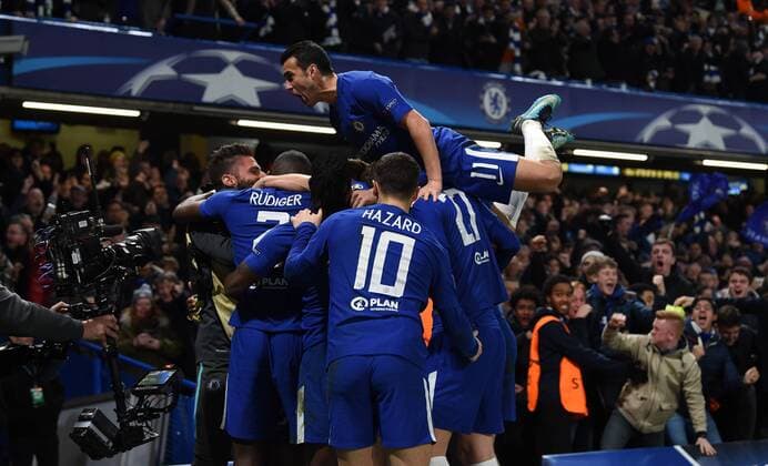 Chelsea v FC Barcelona Barca UEFA Champions League Pedro of Chelsea jumps on team mates after Willian scored during the UEFA Champions League match at Stamford Bridge, London Content Not Available For UK Newspapers Copyright: xSimonxDaelx FIL-11388-0033