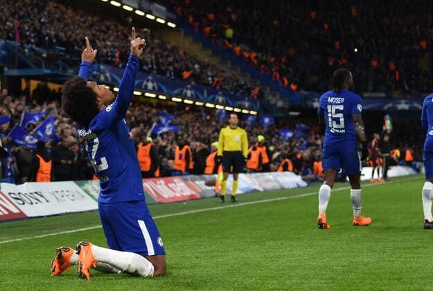 Chelsea v FC Barcelona Barca UEFA Champions League Willian of Chelsea celebrates after scoring during the UEFA Champions League match at Stamford Bridge, London Content Not Available For UK Newspapers Copyright: xSimonxDaelx FIL-11388-0036