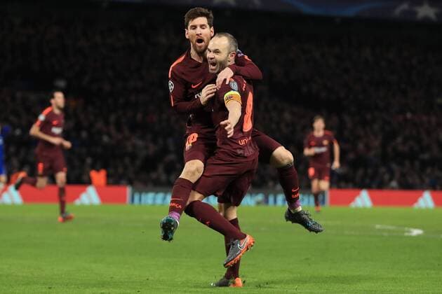 20th February 2018, Stamford Bridge, London, England; UEFA Champions League football, round of 16, 1st leg, Chelsea versus FC Barcelona Barca Lionel Messi of Barcelona celebrates his goal with Andr& xe9;s Iniesta after making it 1-1  ActionPlus11990645
