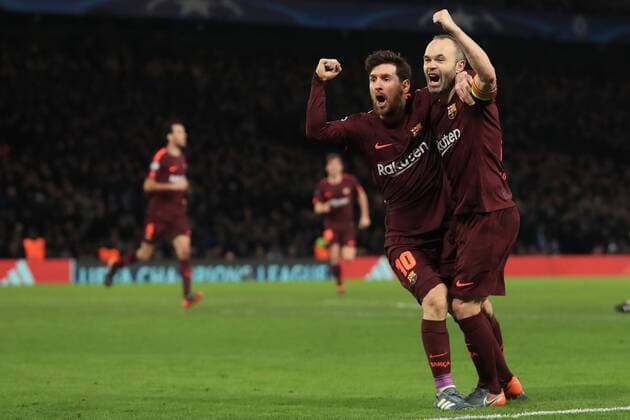 20th February 2018, Stamford Bridge, London, England; UEFA Champions League football, round of 16, 1st leg, Chelsea versus FC Barcelona Barca Lionel Messi of Barcelona celebrates his goal with Andr& xe9;s Iniesta after making it 1-1  ActionPlus11990646