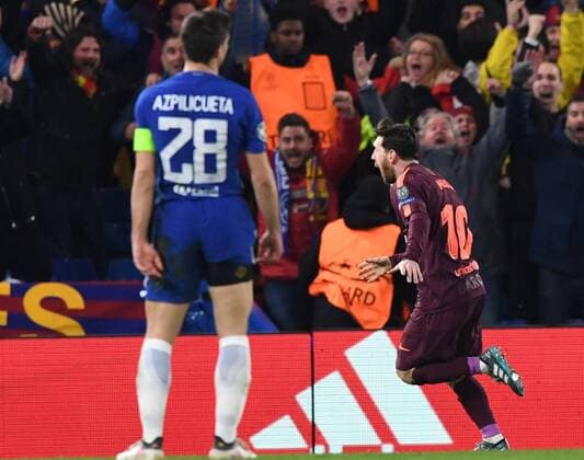 Chelsea v FC Barcelona Barca UEFA Champions League Lionel Messi of FC Barcelona celebrates after scoring during the UEFA Champions League match at Stamford Bridge, London Content Not Available For UK Newspapers Copyright: xSimonxDaelx FIL-11388-0039