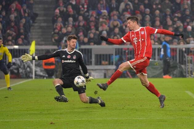 Munich Germany 20 02 2018 UEFA Champions League 2017 18 season round of last sixteen.2 knockout Bayern Munich Besiktas goalkeeper Fabri Besiktas and Robert Lewandowski FCB on the hit to the 4 0 DeFodi527