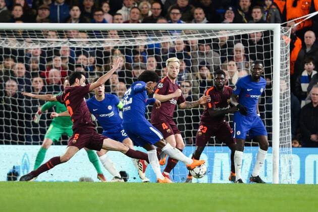 Willian of Chelsea scoring the opening goal during the champions league match at Stamford Bridge Stadium, London. Picture date 20th February 2018. Picture credit should read: Charlie Forgahm-Bailey Sportimage EDITORIAL USE ONLY. No use with unauthorised audio, video, data, fixture lists, club league logos or live services. Online in-match use limited to 120 images, no video emulation. No use in betting, games or single club league player publications.