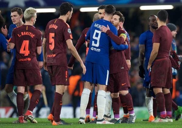 Chelsea v FC Barcelona Barca UEFA Champions League Lionel Messi of Barcelona and Alvaro Morata of Chelsea after the UEFA Champions League match at Stamford Bridge, London Content Not Available For UK Newspapers Copyright: xAlanxStanfordx FIL-11389-0061