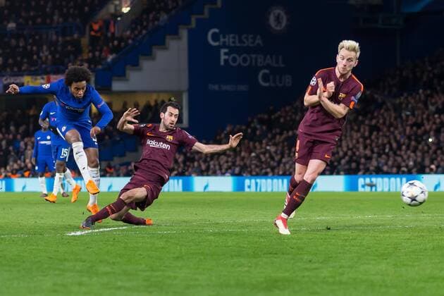 London England 20 02 2018 UEFA Champions League 2017 18 season round of 16 first leg Chelsea FC FC Barcelona goal 1 0 scorer Willian FCC DeFodi507