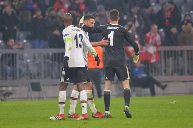 Munich Germany 20 02 2018 UEFA Champions League 2017 18 season round of last sixteen.2 eighth-finals Bayern Munich Besiktas Istanbul Atiba Hutchinson Besiktas Dusko Tosic Besiktas and goalkeeper Fabri Besiktas disappointed DeFodi527
