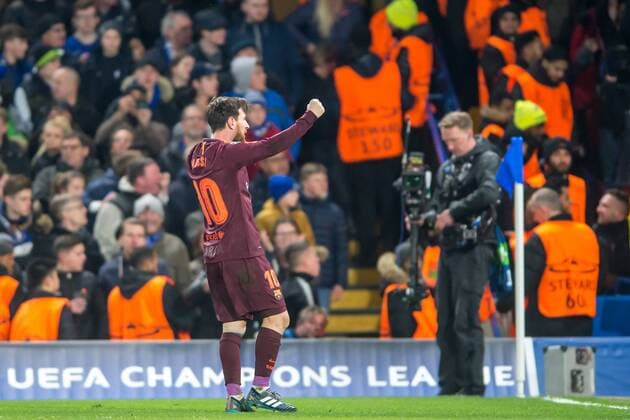 Lionel Messi of Barcelona celebrates scoring the equaliser during the UEFA Champions League Round of 16 match between Chelsea and Barcelona at Stamford Bridge, London, England on 20 February 2018. Copyright: xSalvioxCalabresex 19030015