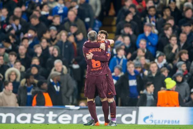 Lionel Messi of Barcelona celebrates scoring the equaliser with Andres Iniesta of Barcelona during the UEFA Champions League Round of 16 match between Chelsea and Barcelona at Stamford Bridge, London, England on 20 February 2018. Copyright: xSalvioxCalabresex 19030018