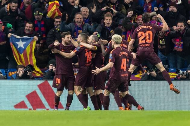 London England 20 02 2018 UEFA Champions League 2017 18 season round of 16 first leg Chelsea FC FC Barcelona jubilation after the results for the 1 goal celebration to Lionel Messi FCB 1 DeFodi507