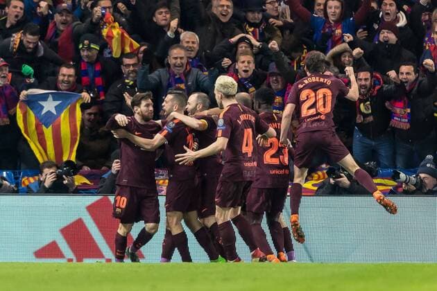 London England 20 02 2018 UEFA Champions League 2017 18 season round of 16 first leg Chelsea FC FC Barcelona jubilation after the results for the 1 goal celebration to Lionel Messi FCB 1 DeFodi507