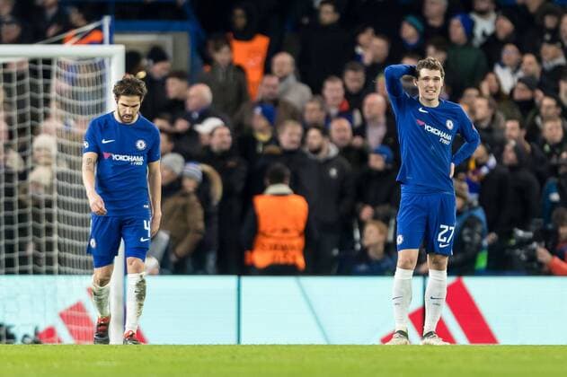 London England 20 02 2018 UEFA Champions League 2017 18 season round of 16 first leg Chelsea FC FC Barcelona CESC Fabregas of FCC Andreas Christensen FCC disappointed after the gegenttreffer 1 1 DeFodi507