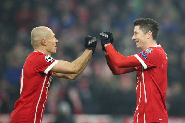 l r goal celebration by Arjen Robben 10 FC Bayern München and Robert Lewandowski 9 Bayern Munich 5 0 Bayern Munich vs Besiktas Istanbul football knockout Champions League 20 02 2018 Munich Bavaria Germany Copyright: xkolbert-press ChristianxKolbertx