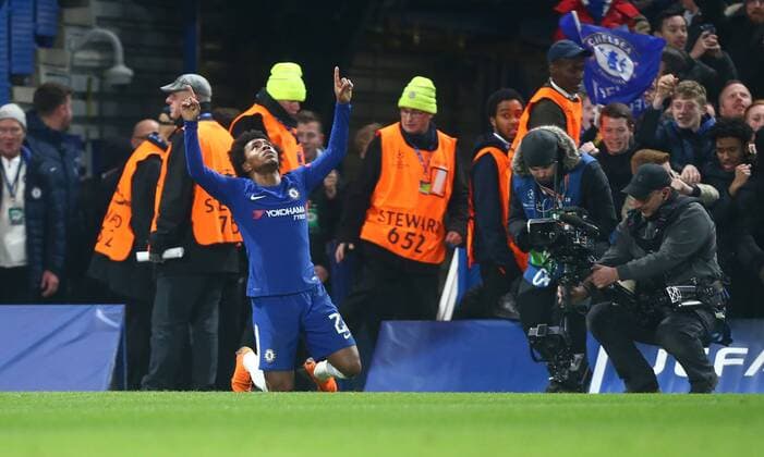February 20, 2018 - London, England, United Kingdom - Chelsea s Willian celebrates his goal..during the Champions League Round of 16 match between Chelsea and Barcelona at Stamford Bridge, London, England on 20 Feb 2018. Chelsea FC v FC Barcelona Barca - UEFA Champions League Round of 16: First Leg  - ZUMAn230 20180220_zaa_n230_751 Copyright: xKieranxGalvinx