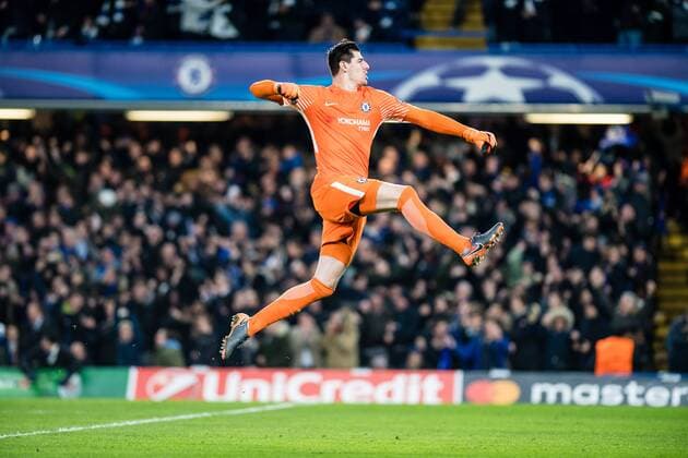 LONDON, ENGLAND - FEBRUARY 20: Thibaut Courtois (13) of Chelsea, celebrate goal scored by Willian (not on picture) during the UEFA Champions League Round of 16 First Leg match between Chelsea FC and FC Barcelona Barca at Stamford Bridge on February 20, 2018 in London, United Kingdom. SPO, SOC, FOC 