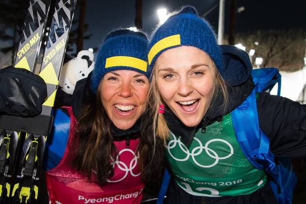 180221 Charlotte Kalla and Stina Nilsson of Sweden Silver celebrates after the Women s Cross Country Skiing Team Free Sprint Final during day twelve of the 2018 Winter Olympics on February 21 2018 in Pyeongchang Photo Carl Sandin BILDBYRAN code CS 57999 312  Copyright: CARLxSANDIN BB180221CS141