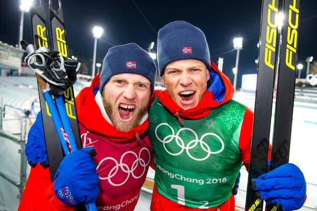 180221 Johannes Hösflot Kläbo and Martin Johnsrud Sundby of Norway, Gold, celebrates after the Men s Cross Country Skiing Team Free Sprint Final during day twelve of the 2018 Winter Olympics on February 21, 2018 in Pyeongchang. Photo: Carl Sandin BILDBYRN kod CS 57999_313 *** 180221 John Hösflot Kläbo and Martin Johnsrud Sundby of Norway celebrates the Gold after the Men s Cross Country Skiing Team Free Sprint Final during day twelve of the 2018 Winter Olympics on February 21 2018 in Pyeongchang Photo Carl S BILDBYR N code CS 57999 313  Copyright: CARLxSANDIN BB180221CS150