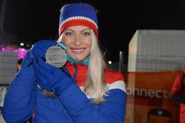 February 21, 2018 - Pyeongchang, South Korea - RAGNHILD MOWINCKEL of Norway with her silver medal from the Ladies Downhill ski racing event in the PyeongChang Olympic Games Olympische Spiele Olympia OS Pyeongchang 18: Medal Winners - ZUMAl132 20180221_zap_l132_009 Copyright: xChristopherxLevyx