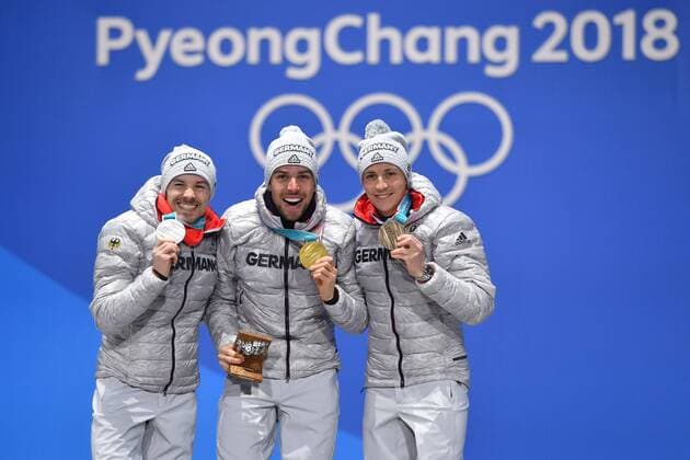 v li Fabian RIESSLE GER GER Eric FRENZEL of GER triple success with medals Johannes RYDZEK medal Nordic combined IND Gund LH 10 km cross country award ceremony Nordic combined victory ceremony PyeongChang Olympic medals Plaza 21 02 2018 Winter Olympics 2018 from 09 02 25 02 2018 in PyeongChang of South Korea