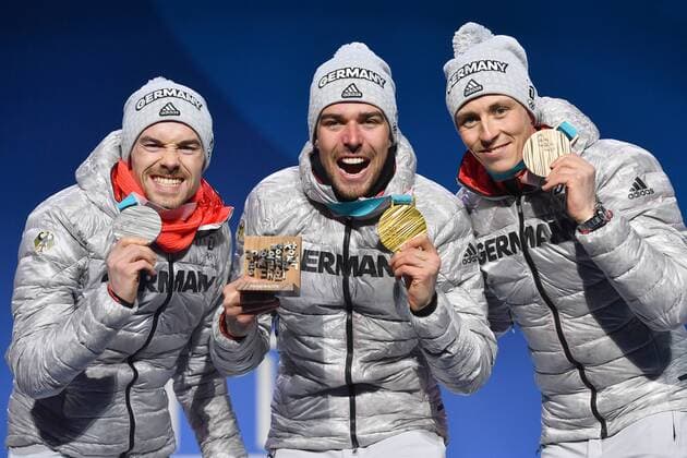 v li Fabian RIESSLE GER GER Eric FRENZEL of GER triple success with medals Johannes RYDZEK medal Nordic combined IND Gund LH 10 km cross country award ceremony Nordic combined victory ceremony PyeongChang Olympic medals Plaza 21 02 2018 Winter Olympics 2018 from 09 02 25 02 2018 in PyeongChang of South Korea