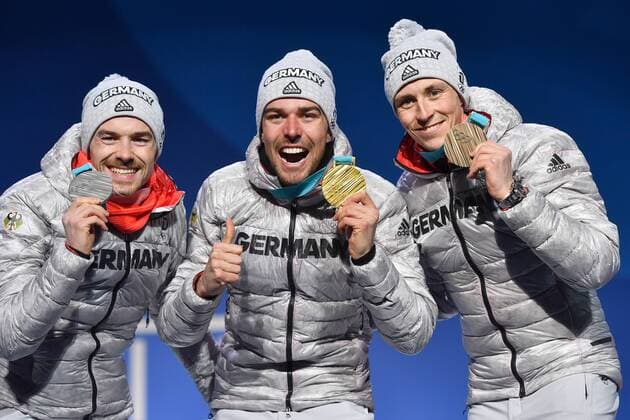 v li Fabian RIESSLE GER GER Eric FRENZEL of GER triple success with medals Johannes RYDZEK medal Nordic combined IND Gund LH 10 km cross country award ceremony Nordic combined victory ceremony PyeongChang Olympic medals Plaza 21 02 2018 Winter Olympics 2018 from 09 02 25 02 2018 in PyeongChang of South Korea