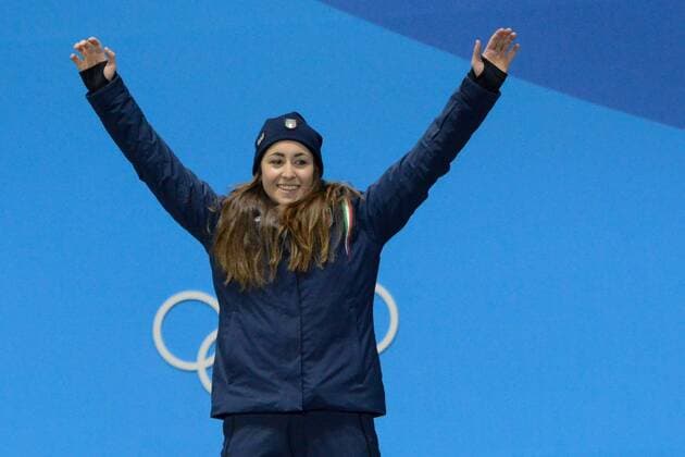 February 21, 2018 - Pyeongchang, South Korea - SOFIA GOGGIA of Italy celebrates getting the gold medal from the Ladies Downhill ski racing event in the PyeongChang Olympic Games Olympische Spiele Olympia OS Pyeongchang 18: Medal Winners - ZUMAl132 20180221_zap_l132_025 Copyright: xChristopherxLevyx