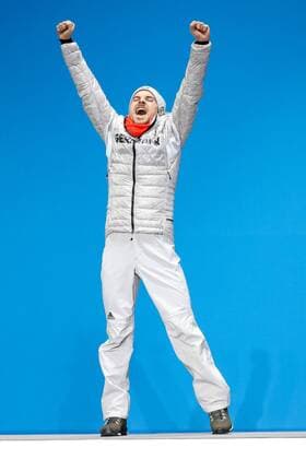 OLYMPICS - 2018 Winter Olympics PYEONGCHANG,SOUTH KOREA,21.FEB.18 - OLYMPICS,NORDIC SKIING, NORDIC COMBINED - Olympic Winter games Winterspiele Spiele Summer games PyeongChang 2018, Medals Plaza, individual large hill, men, award ceremony. Image shows the rejoicing of Eric Frenzel (GER). GEPAxpictures xMaticxKlansek