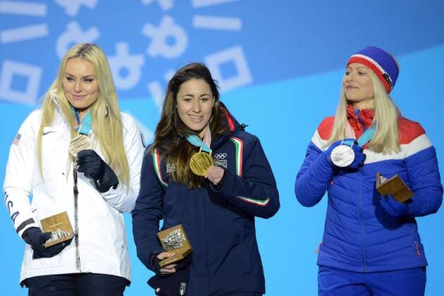 February 21, 2018 - Pyeongchang, South Korea - RAGNHILD MOWINCKEL of Norway (right) , SOFIA GOGGIA of Italy (center) and LINDSEY VONN of the United States with their medals from the Ladies Downhill ski racing event in the PyeongChang Olympic Games Olympische Spiele Olympia OS Pyeongchang 18: Medal Winners - ZUMAl132 20180221_zap_l132_036 Copyright: xChristopherxLevyx