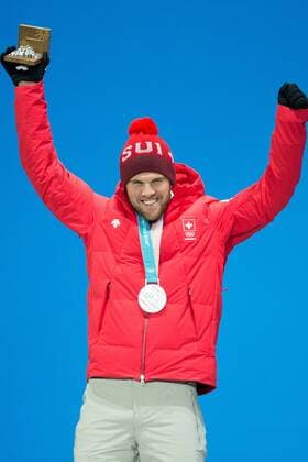 MenÕs Ski Cross silver medalist Marc Bischofberger of Switzerland celebrates during the medals ceremony at Pyeongchang Medals Plaza in Pyeongchang, South Korea on February 21, 2018.  OLY20180221144 MATTHEWxHEALEY