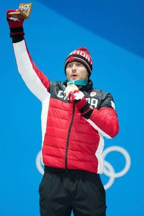 MenÕs Ski Cross gold medalist Brady Leman of Canada celebrates during the medals ceremony at Pyeongchang Medals Plaza in Pyeongchang, South Korea on February 21, 2018.  OLY20180221145 MATTHEWxHEALEY