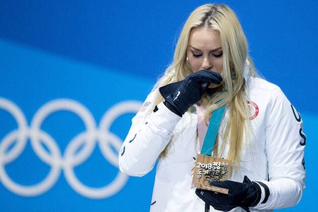 OLYMPICS - 2018 Winter Olympics PYEONGCHANG,SOUTH KOREA,21.FEB.18 - OLYMPICS,ALPINE SKIING - Olympic Winter games Winterspiele Spiele Summer games PyeongChang 2018, Medals Plaza, downhill, ladies, award ceremony. Image shows Lindsey Vonn (USA). GEPAxpictures xMaticxKlansek