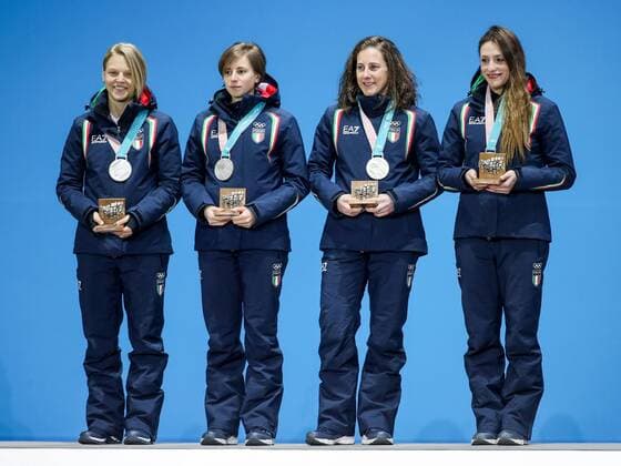 OLYMPICS - 2018 Winter Olympics PYEONGCHANG,SOUTH KOREA,21.FEB.18 - OLYMPICS Speed skating Eisschnelllauf SHORT TRACK - Olympic Winter games Winterspiele Spiele Summer games PyeongChang 2018, Medals Plaza, team pursuit, award ceremony. Image shows Arianna Fontana, Lucia Peretti, Cecilia Maffei and Martina Valcepina (ITA). Keywords: medals. GEPAxpictures xMaticxKlansek