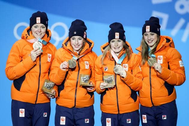OLYMPICS - 2018 Winter Olympics PYEONGCHANG,SOUTH KOREA,21.FEB.18 - OLYMPICS Speed skating Eisschnelllauf SHORT TRACK - Olympic Winter games Winterspiele Spiele Summer games PyeongChang 2018, Medals Plaza, team pursuit, award ceremony. Image shows Suzanne Schulting, Yara van Kerkhof, Lara van Ruijven and Jorien ter Mors (NED). Keywords: medals. GEPAxpictures xMaticxKlansek
