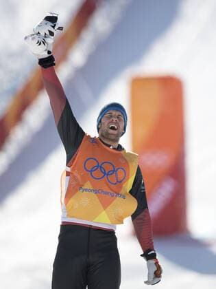 Marc BISCHOFBERGER SUI 2 square flower ceremony venue ceremony Jubilee joy cheers emotion enthusiasm cheer cheers SkiCross SkiX freestyle skiing men s ski cross finals of men on 21 02 2018 Phoenix snow park at the Winter Olympics 2018 from 09 02 25 02 in PyeongChang 2018 South Korea