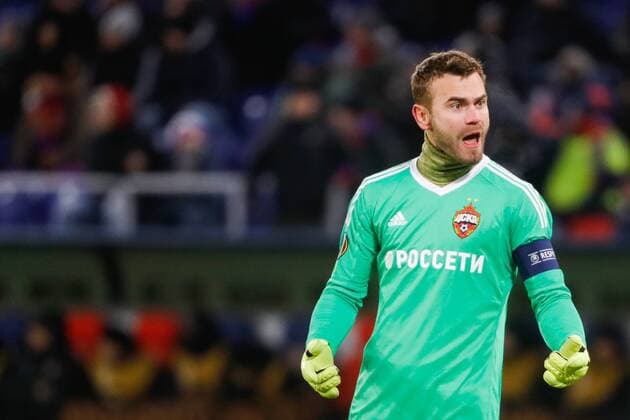 MOSCOW, RUSSIA - FEBRUARY 21, 2018: CSKA Moscow goalkeeper Igor Akinfeev in their 2017-2018 UEFA Europa League Round of 32 second leg football match against Crvena Zvezda Belgrade at VEB Arena in Moscow. Mikhail Metzel TASS  TS075204