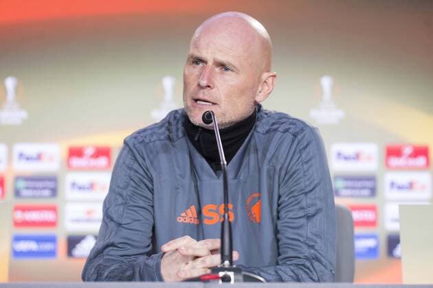 Coach Stale Solbakken during FC Copenhague press conference PK Pressekonferenz day before Europa League match between Atletico de Madrid and FC Copenhague at Wanda Metropolitano in Madrid , Spain. February 21, 2018.  (20180221024)